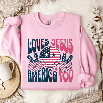 Groovy Loves Jesus And America Too God Christian 4th of July Sweatshirt