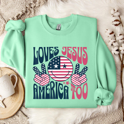Groovy Loves Jesus And America Too God Christian 4th of July Sweatshirt