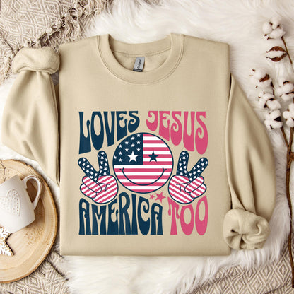 Groovy Loves Jesus And America Too God Christian 4th of July Sweatshirt