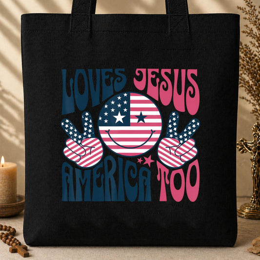 Groovy Loves Jesus And America Too God Christian 4th of July Tote Bag