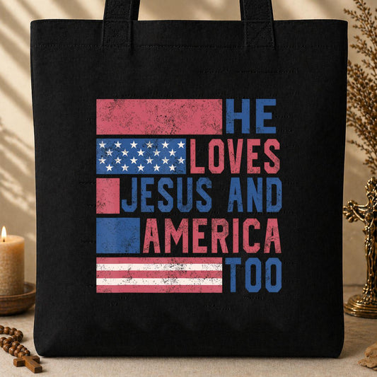 He Loves Jesus And America Too 4th Of July Patriotic Retro Tote Bag