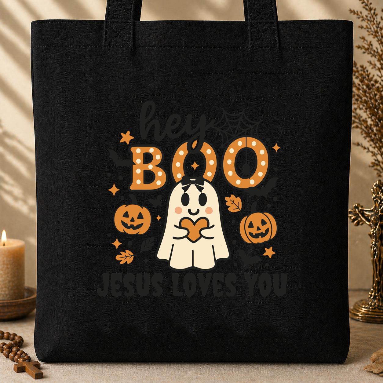 Hey Boo Jesus Loves You Tote Bag