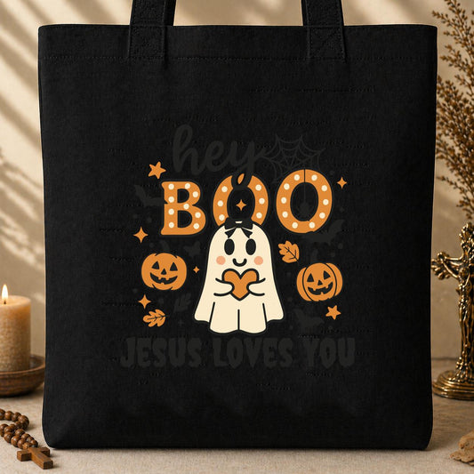 Hey Boo Jesus Loves You Tote Bag