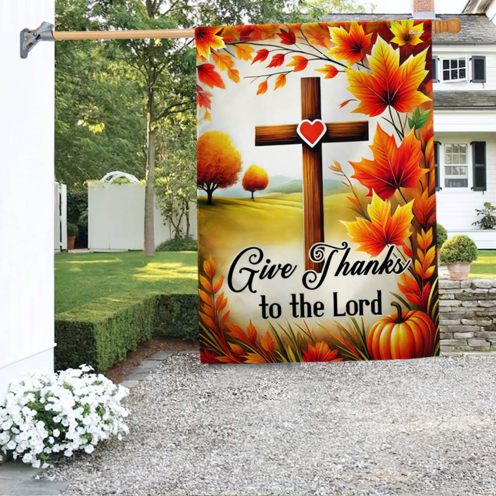 Fall Christian Cross Flag Give Thanks To The Lord Flag