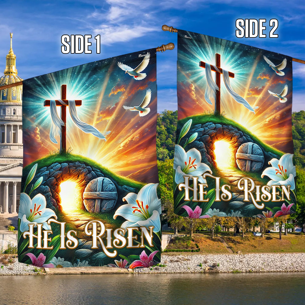 Easter Day He Is Risen Empty Tomb Christian Cross Flag
