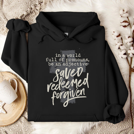 In A World Full Of Pronouns Be An Adjective Saved Redeemed Forgiven Hoodie