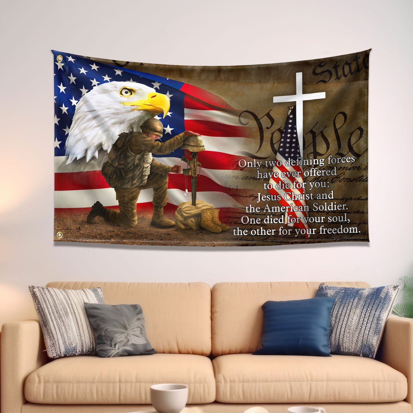 Owe To Jesus Christ And The American Soldier Grommet Flag. Veteran Christ Cross Grommet Flag