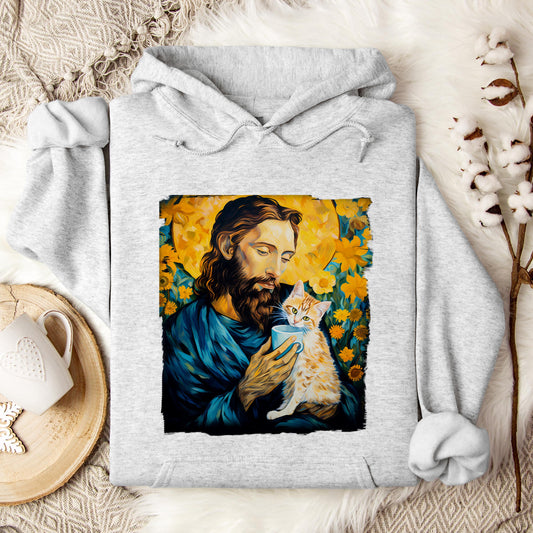 Jesus Holding A Cat Painting Hoodie