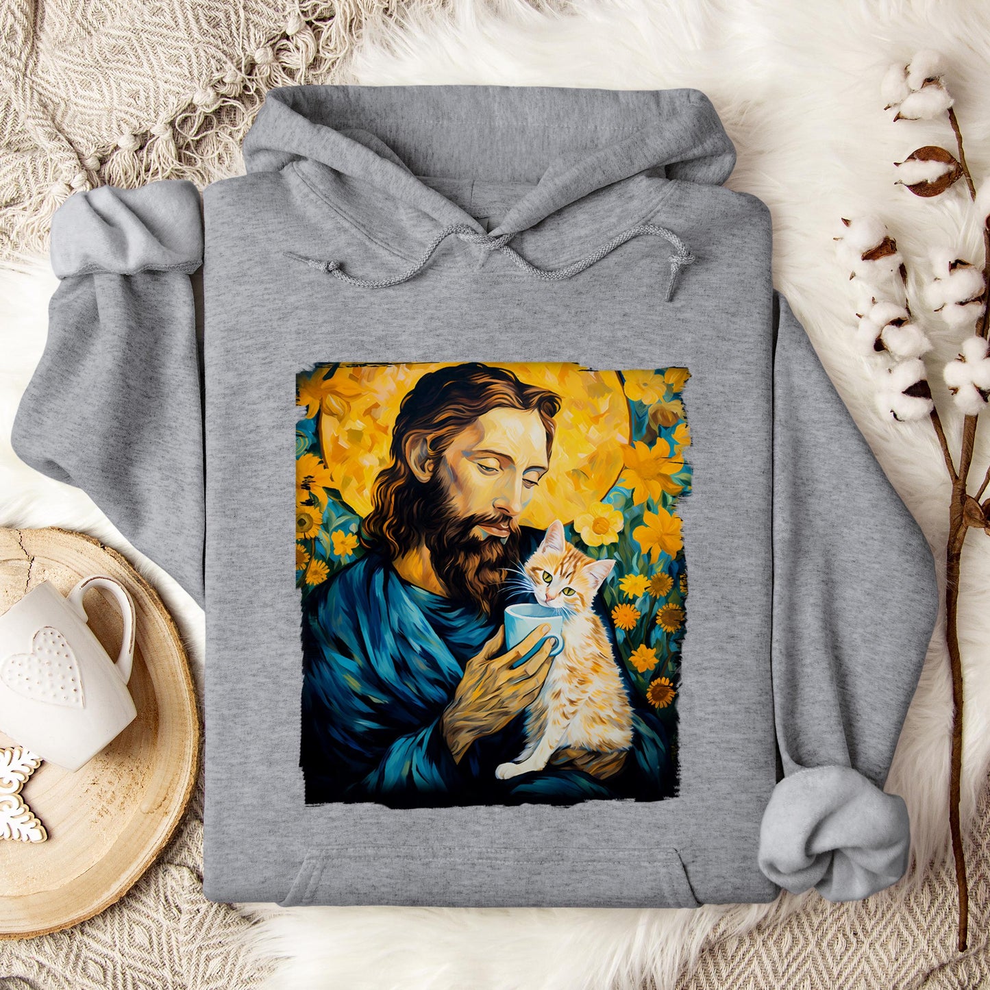 Jesus Holding A Cat Painting Hoodie