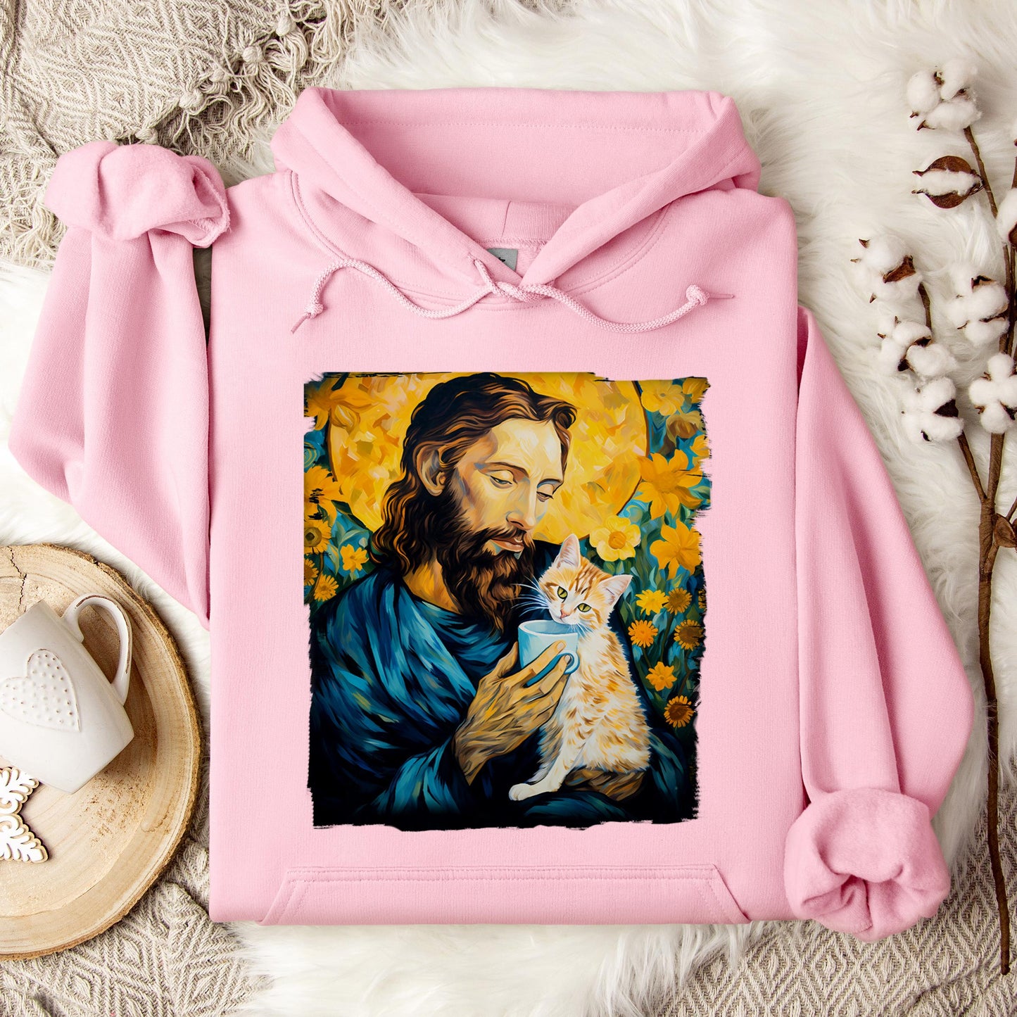 Jesus Holding A Cat Painting Hoodie