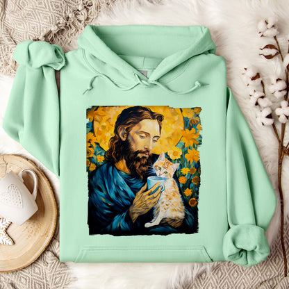 Jesus Holding A Cat Painting Hoodie