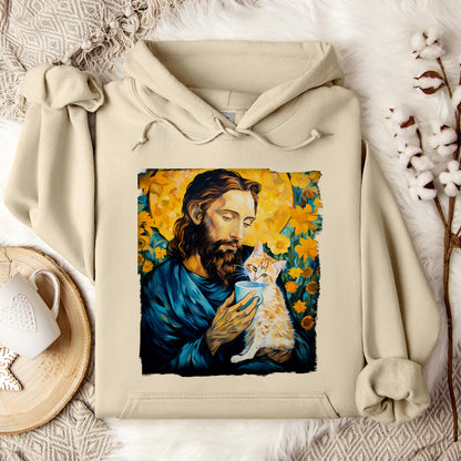 Jesus Holding A Cat Painting Hoodie