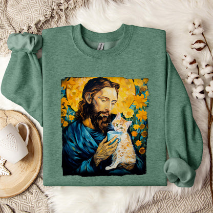 Jesus Holding A Cat Painting Sweatshirt
