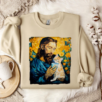 Jesus Holding A Cat Painting Sweatshirt