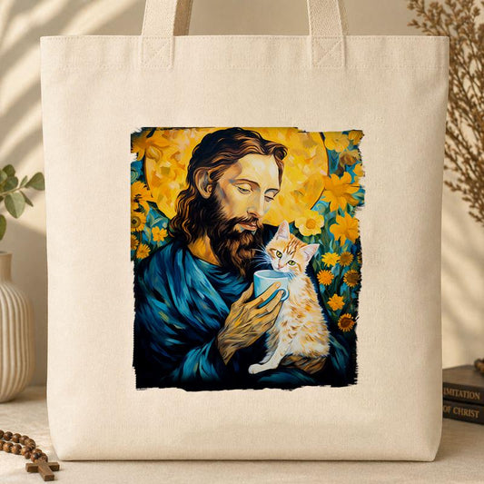 Jesus Holding A Cat Painting Tote Bag