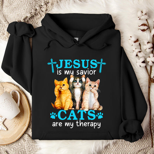 Jesus Is My Savior Cats Are My Therapy Hoodie