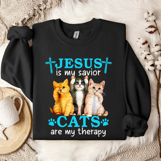 Jesus Is My Savior Cats Are My Therapy Sweatshirt