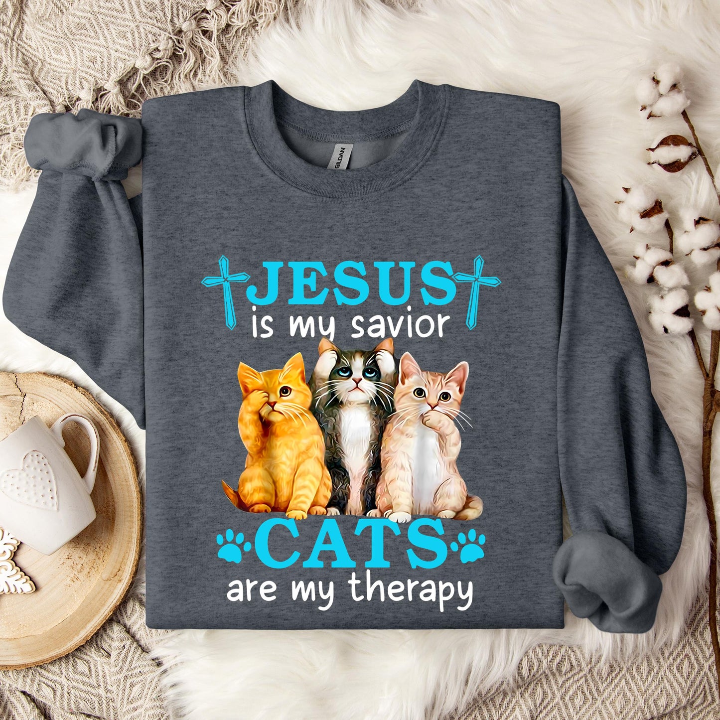 Jesus Is My Savior Cats Are My Therapy Sweatshirt