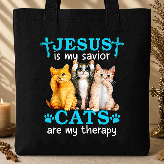 Jesus Is My Savior Cats Are My Therapy Tote Bag