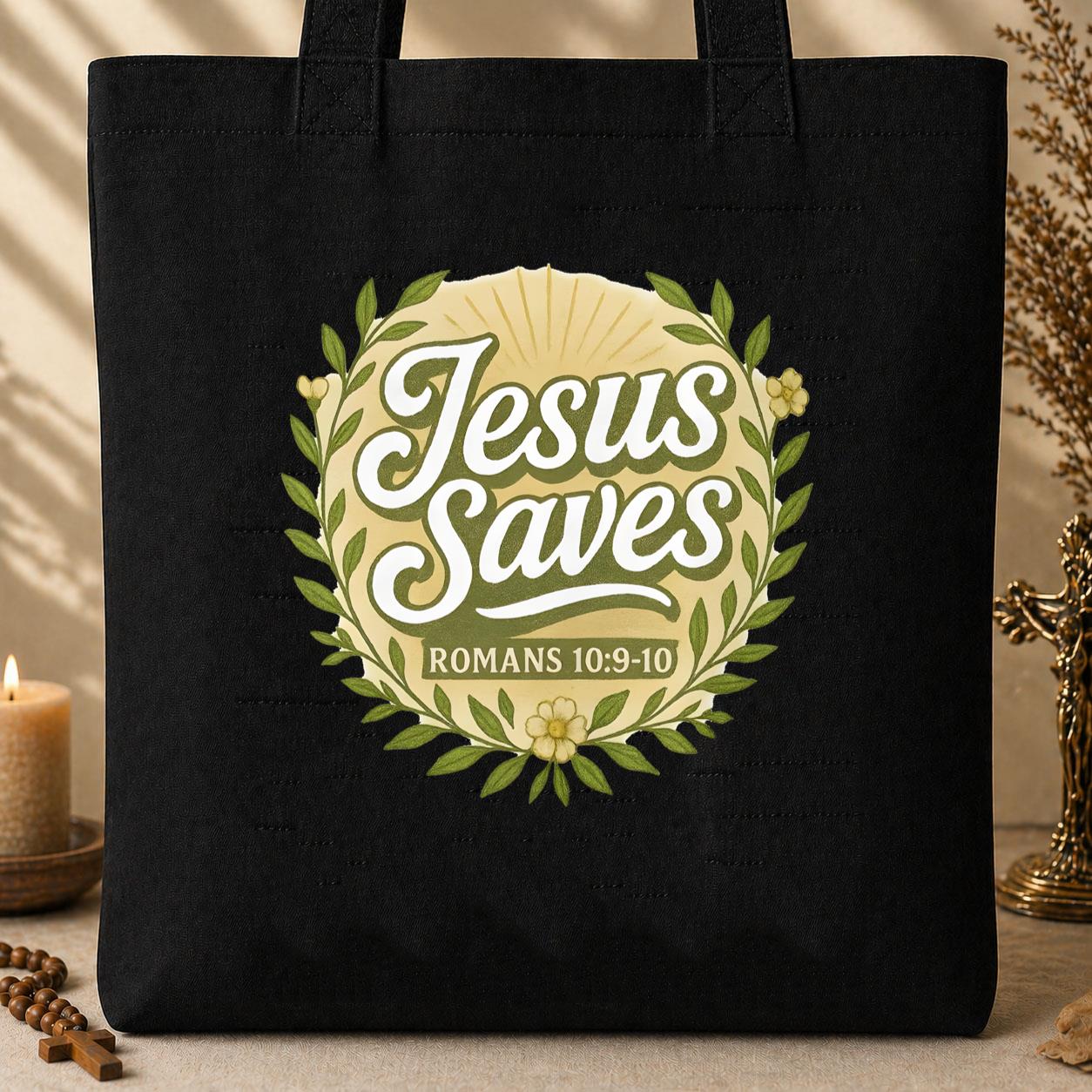 Jesus Saves Romans 10.9-10 Tote Bag