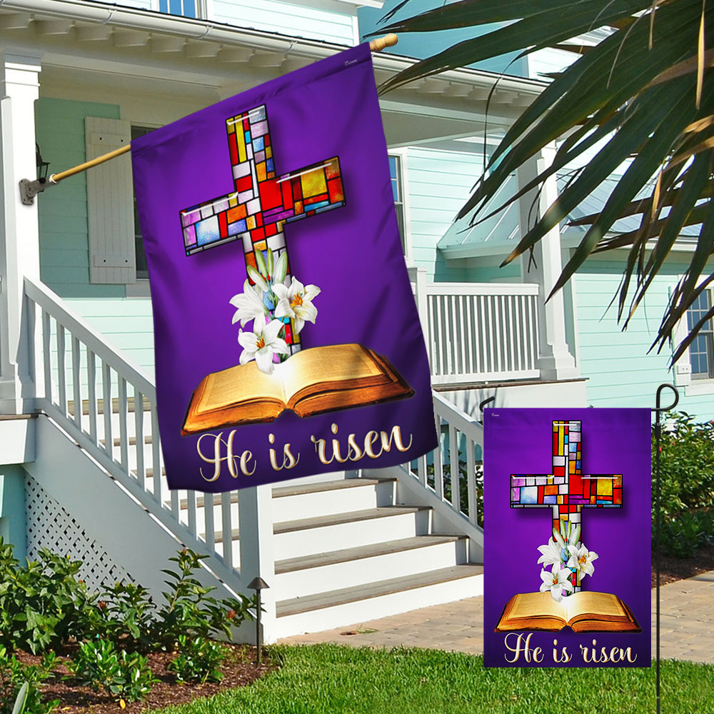 Stained Glass Christian Cross Jesus Christ Easter He Is Risen Flag