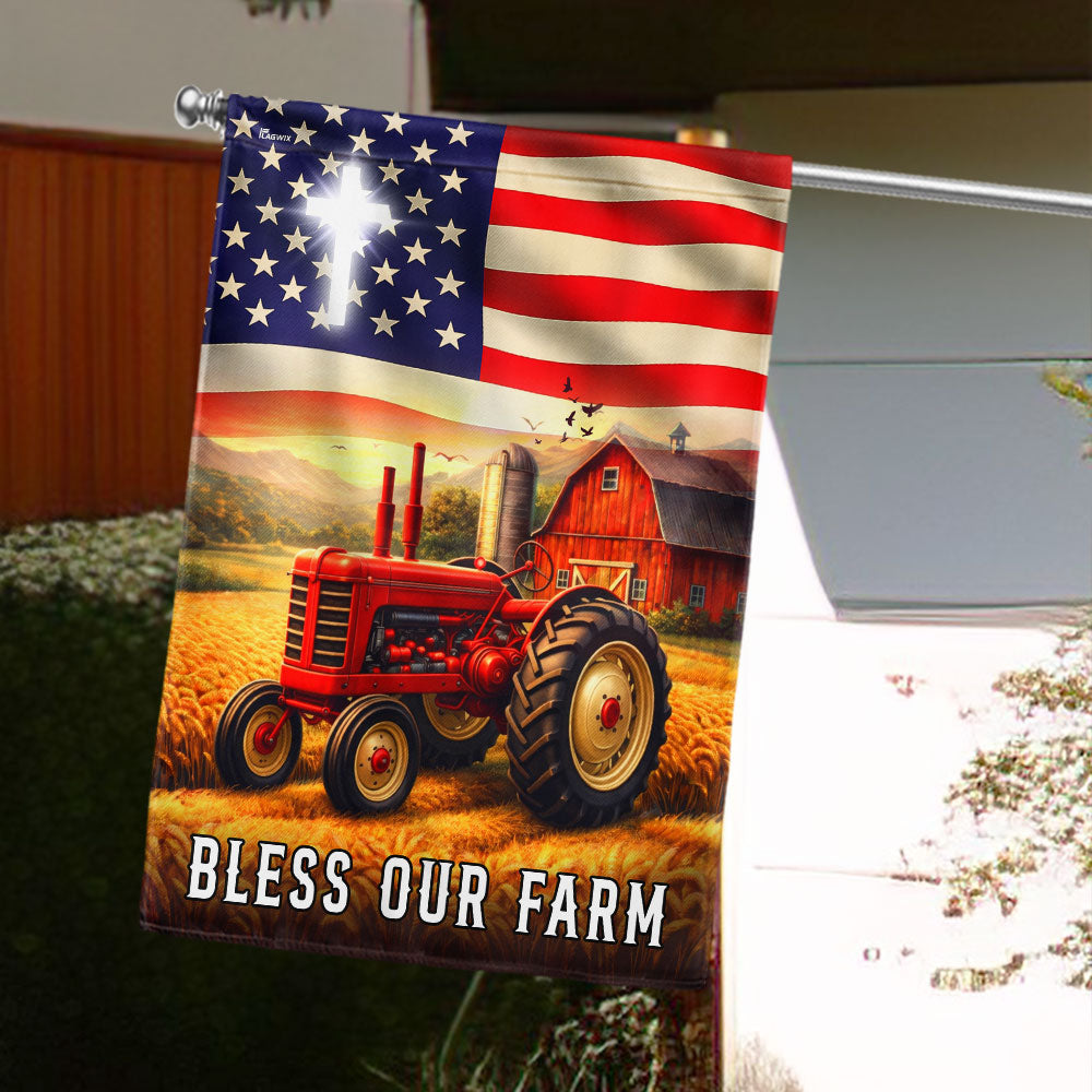 Patriotic Bless Our Farm Outdoor Flag, Tractor Red Barn American Flag