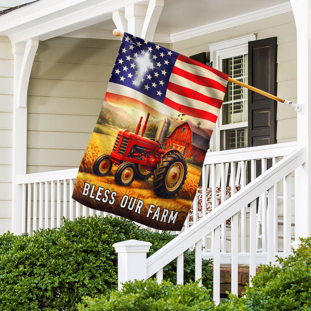 Patriotic Bless Our Farm Outdoor Flag, Tractor Red Barn American Flag