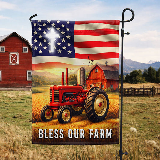 Patriotic Bless Our Farm Outdoor Flag, Tractor Red Barn American Flag