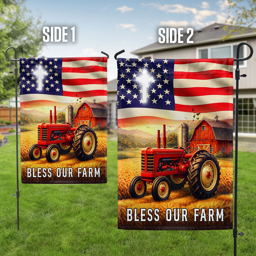 Patriotic Bless Our Farm Outdoor Flag, Tractor Red Barn American Flag