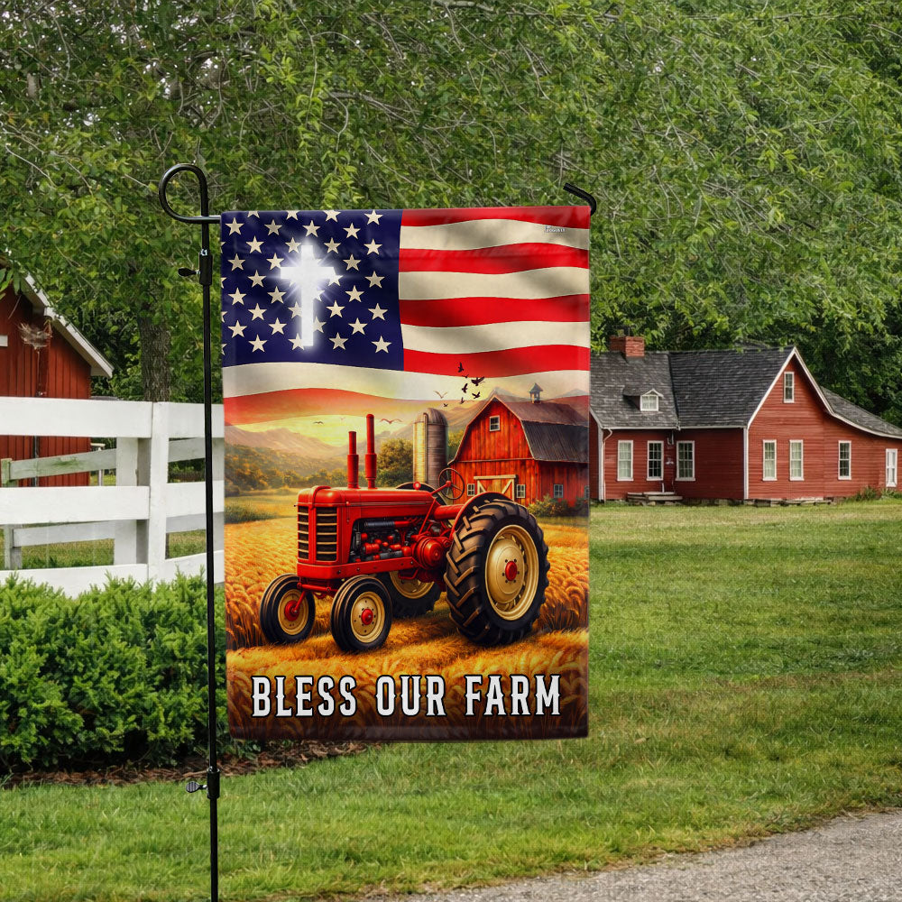 Patriotic Bless Our Farm Outdoor Flag, Tractor Red Barn American Flag