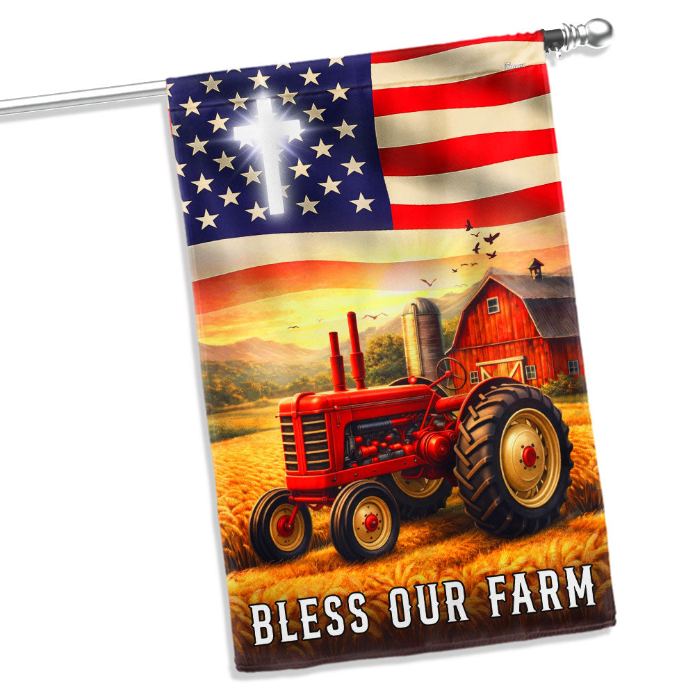 Patriotic Bless Our Farm Outdoor Flag, Tractor Red Barn American Flag