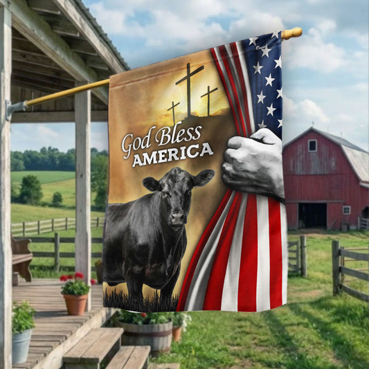 Patriotic Black Angus Cattle God Bless America Flag, Cow Farm Flag