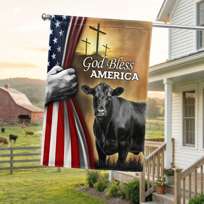Patriotic Black Angus Cattle God Bless America Flag, Cow Farm Flag