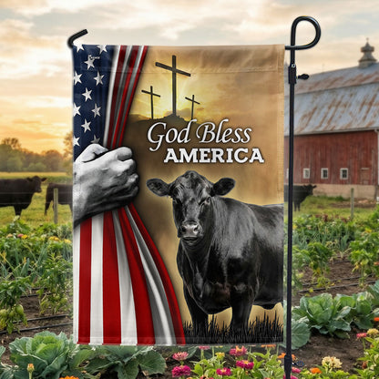 Patriotic Black Angus Cattle God Bless America Flag, Cow Farm Flag