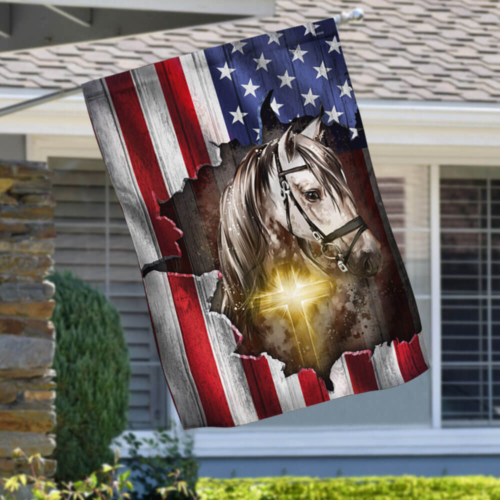 Horse Stand With God Christian Cross American Flag