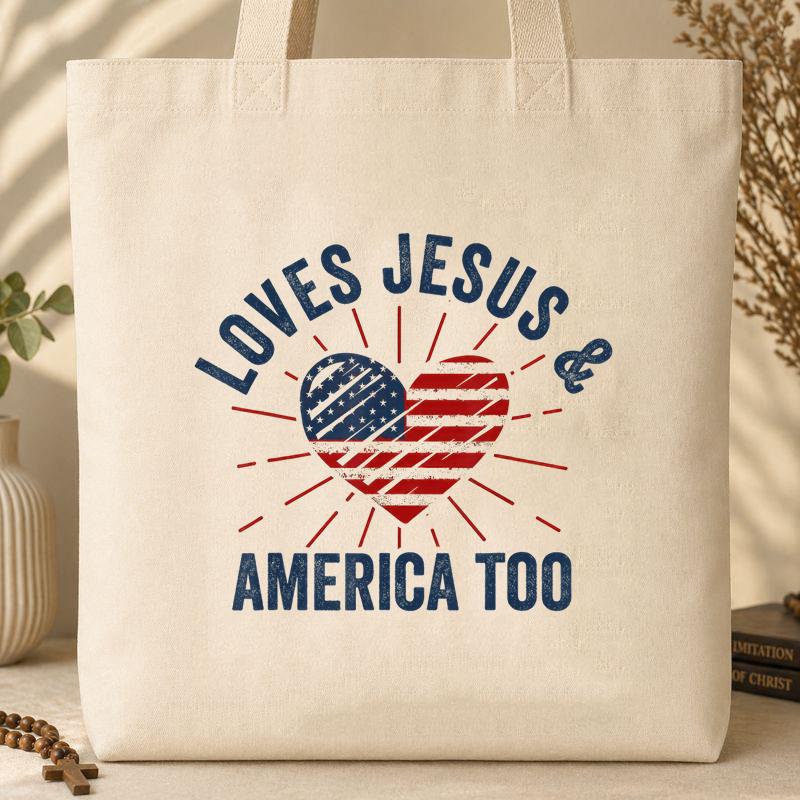 Loves Jesus and America Too God Christian 4th of July 2 Tote Bag