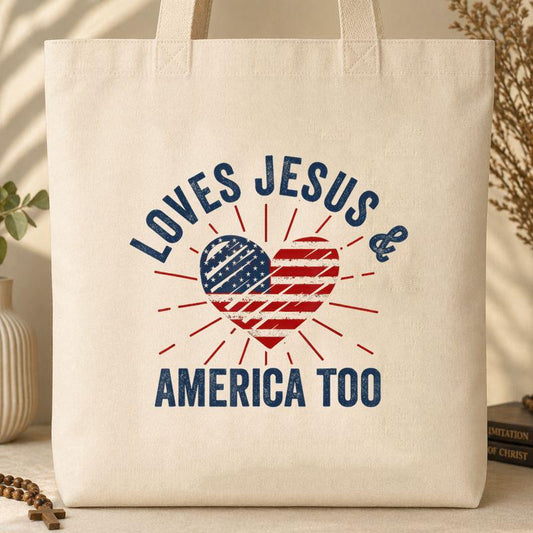 Loves Jesus and America Too God Christian 4th of July 2 Tote Bag