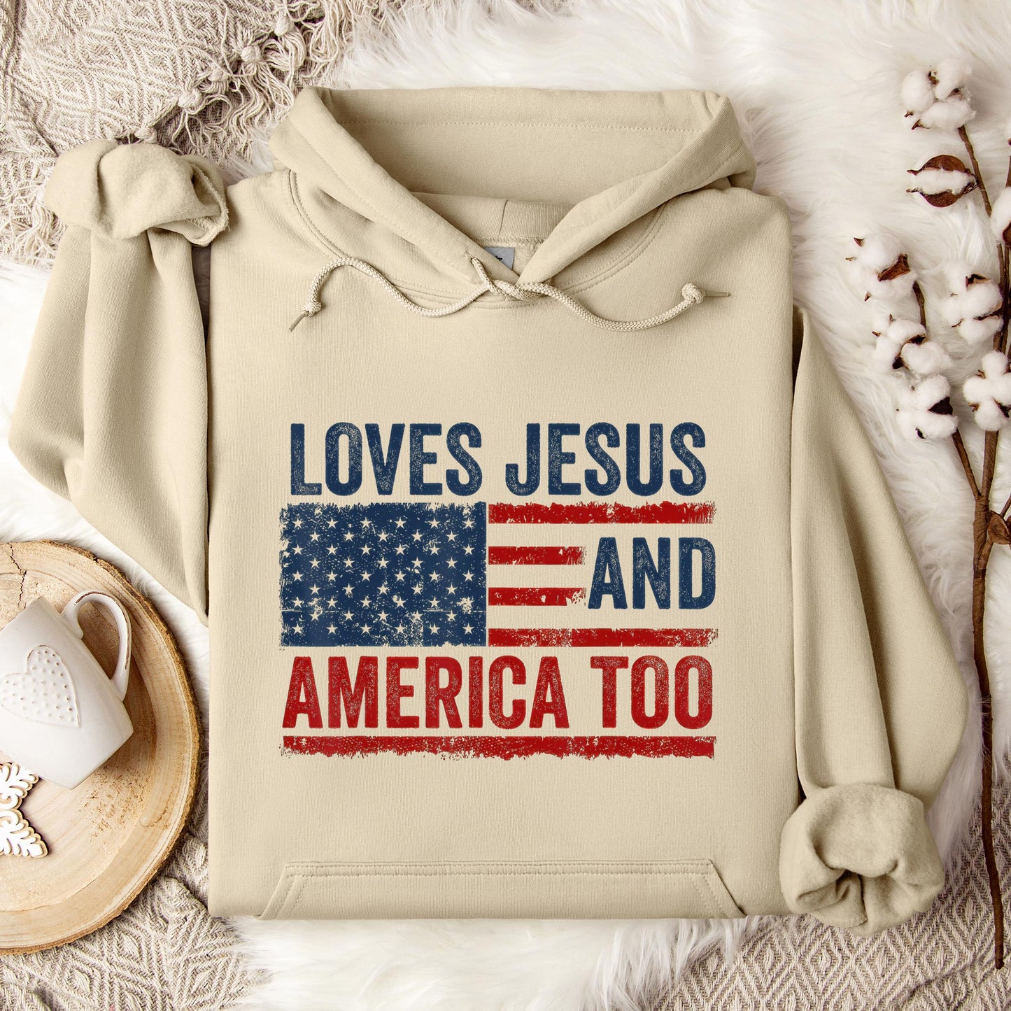 Loves Jesus and America Too God Christian 4th of July 3 Hoodie