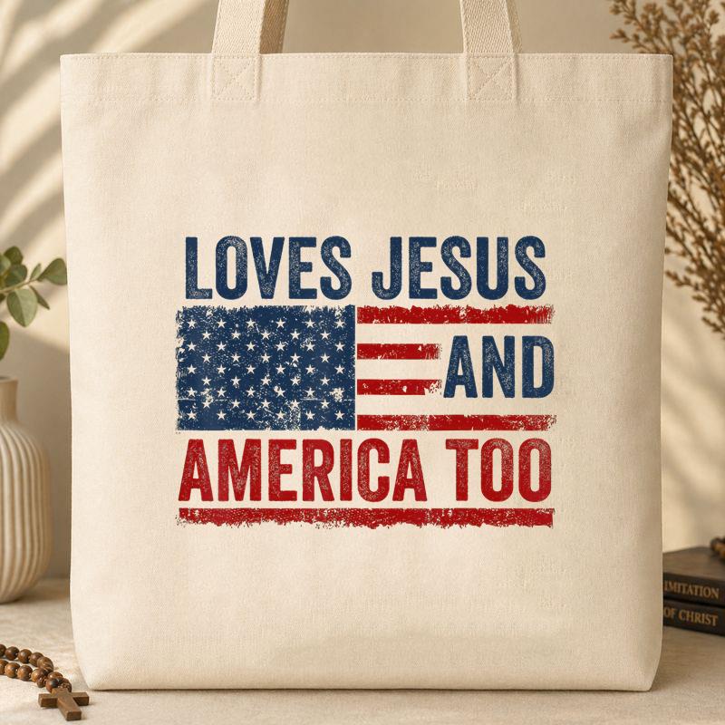 Loves Jesus and America Too God Christian 4th of July 3 Tote Bag