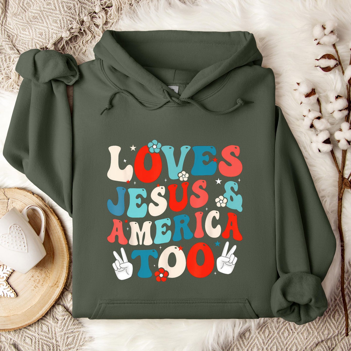 Loves Jesus and America Too Groovy 4th of July God Christian Hoodie