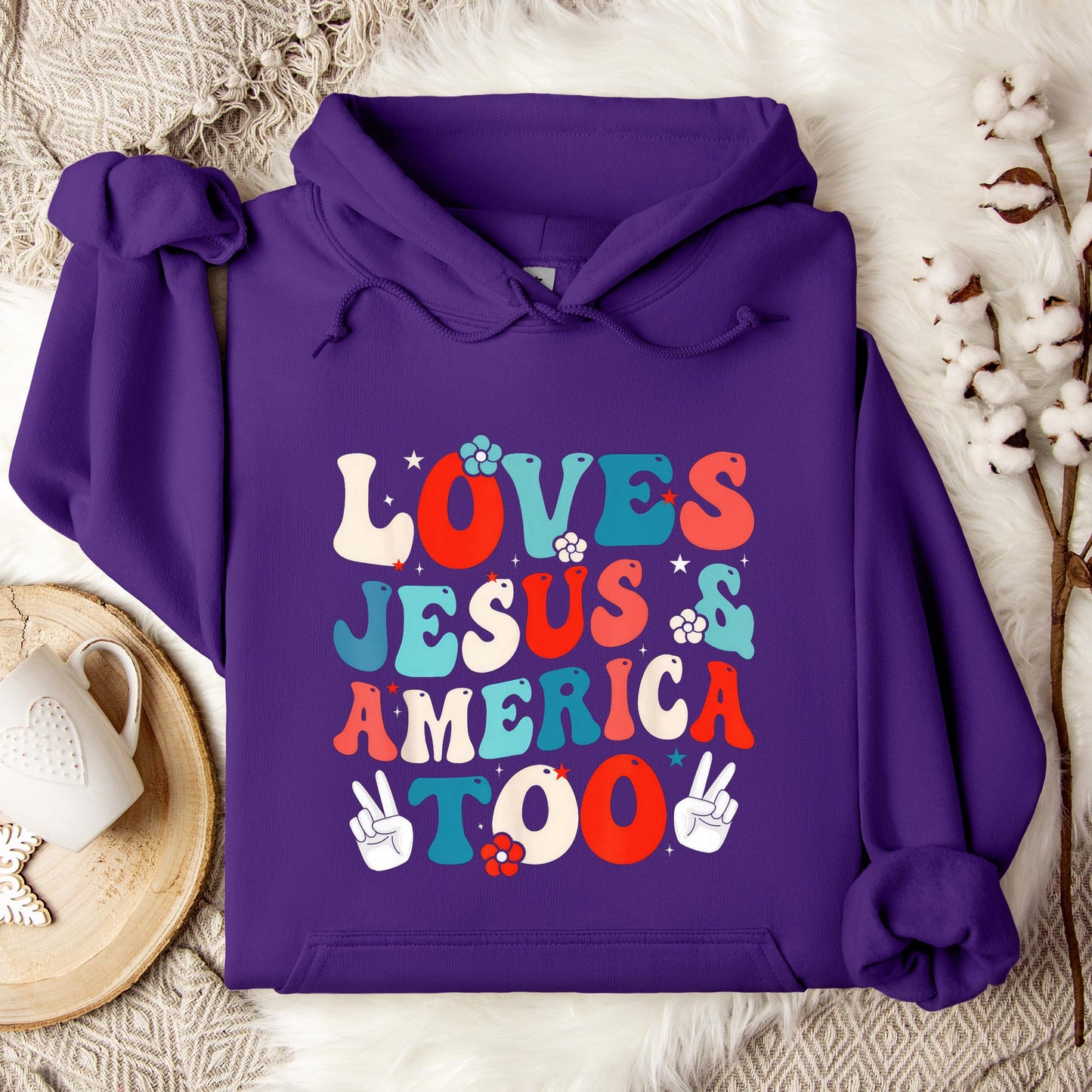 Loves Jesus and America Too Groovy 4th of July God Christian Hoodie