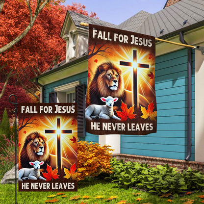Jesus Fall Flag Fall For Jesus He Never Leaves God Lion of Judah Flag