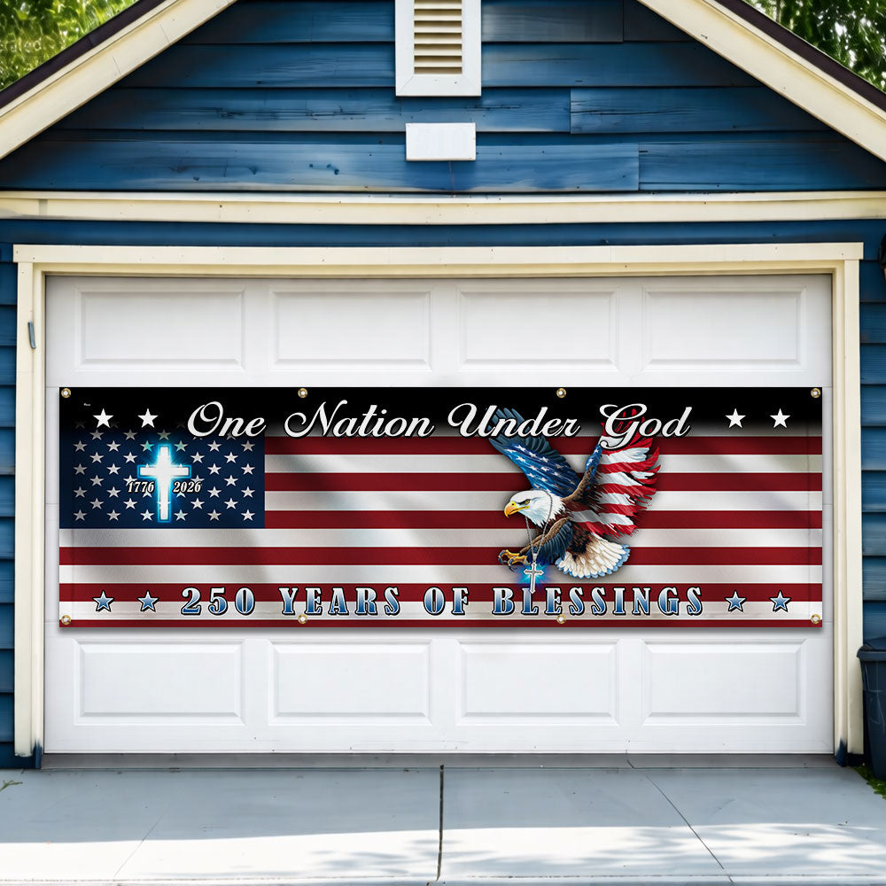 250 Years of Blessings Flag, One Nation Under God Christian Cross Fence Banner