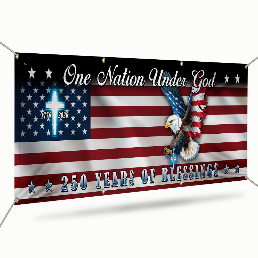 250 Years of Blessings Flag, One Nation Under God Christian Cross Fence Banner