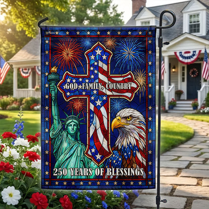 250 Years of Blessings Cross God Family Country Stained Glass US Flag