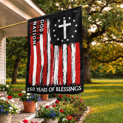 250 Years of Blessings One Nation Under God Christian Cross Vintage US Flag