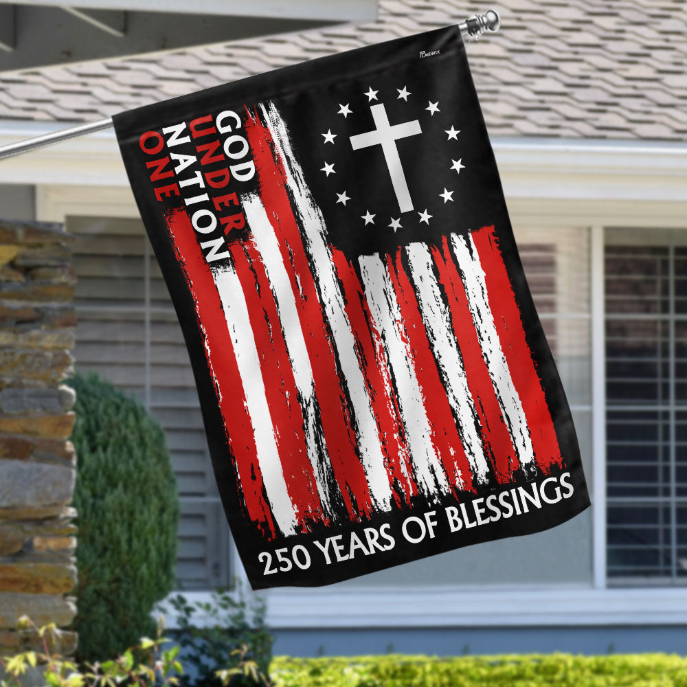 250 Years of Blessings One Nation Under God Christian Cross Vintage US Flag