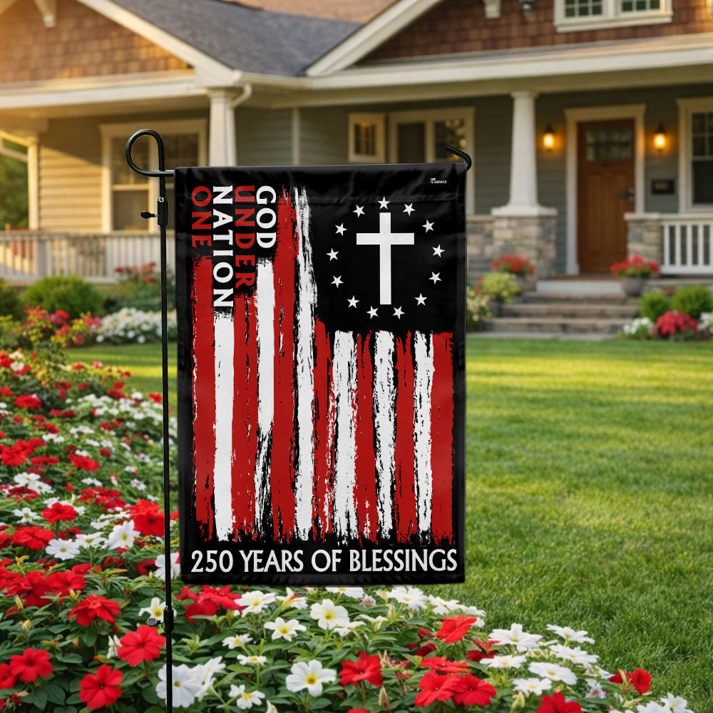 250 Years of Blessings One Nation Under God Christian Cross Vintage US Flag