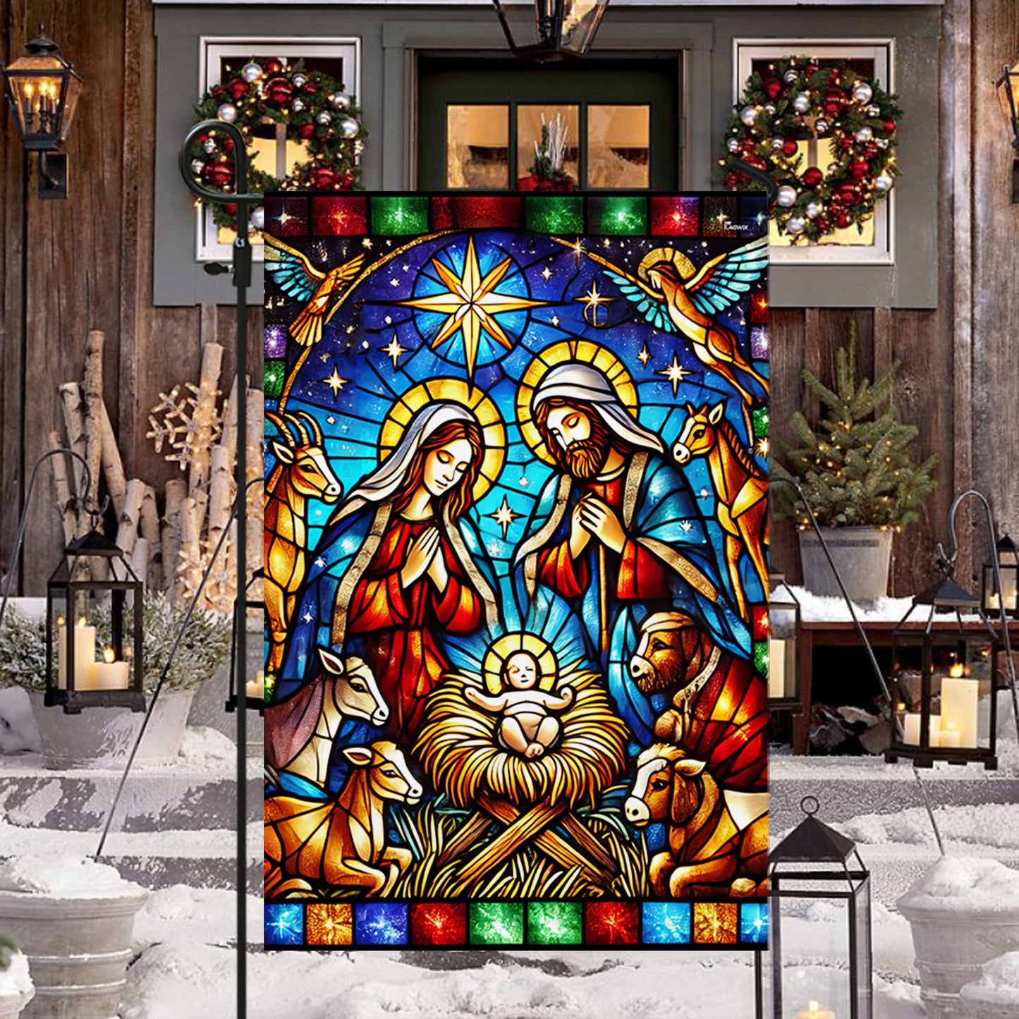 Nativity of Jesus Stained Glass Christmas Flag