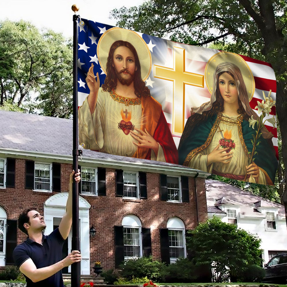 Jesus And Mary Grommet Flag Two Loving Hearts